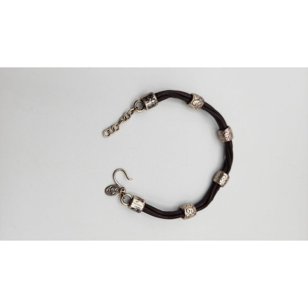 Premier Design vintage brown cord Silver tone beaded bracelet 7"